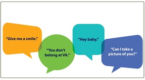 Examples of gender-based harassment in speech bubbles