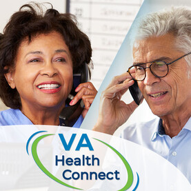 V.A. Health Connect logo with image of female staff on phone with male veteran.