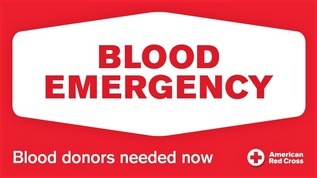 American Red Cross graphics with Blood emergency, blood donors needed now text