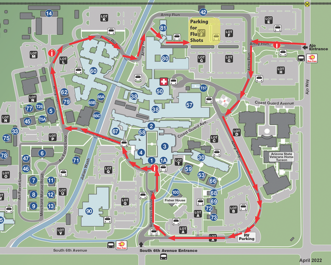 Map of the Tucson VA Main campus, showing the driving directions for the Flu Shot Drive-Through Clinic, October 21, 2023 from 7 a.m. to 1 p.m.