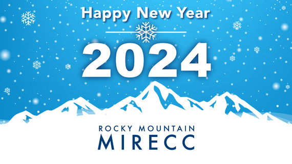 Happy New Year 2024 - Rocky Mountain MIRECC -light blue background with white mountains and snow falling