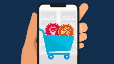 illustration of a mobile phone showing CPAP and hearing aid supplies in the cart