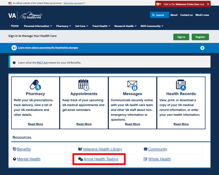 My HealtheVet home screen with Annie link