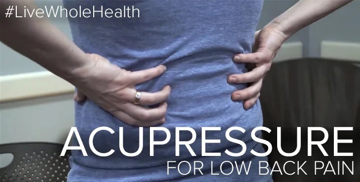 A man is shown using acupressure to relieve lower back pain.