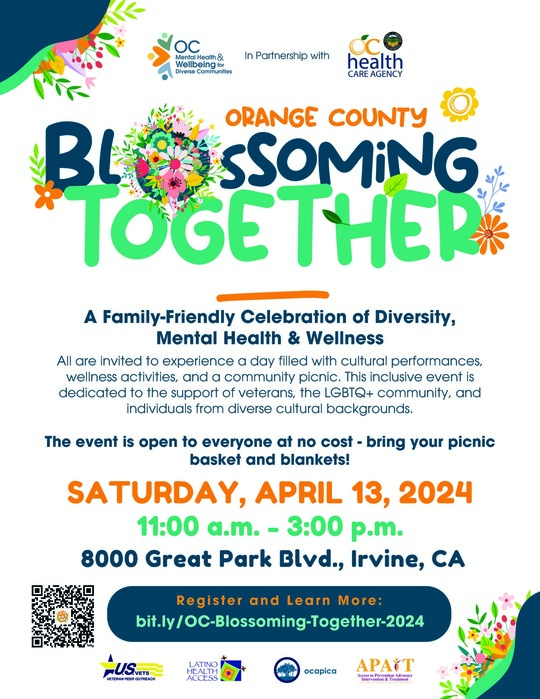 Blossoming Together flyer with floral accents and information about the event