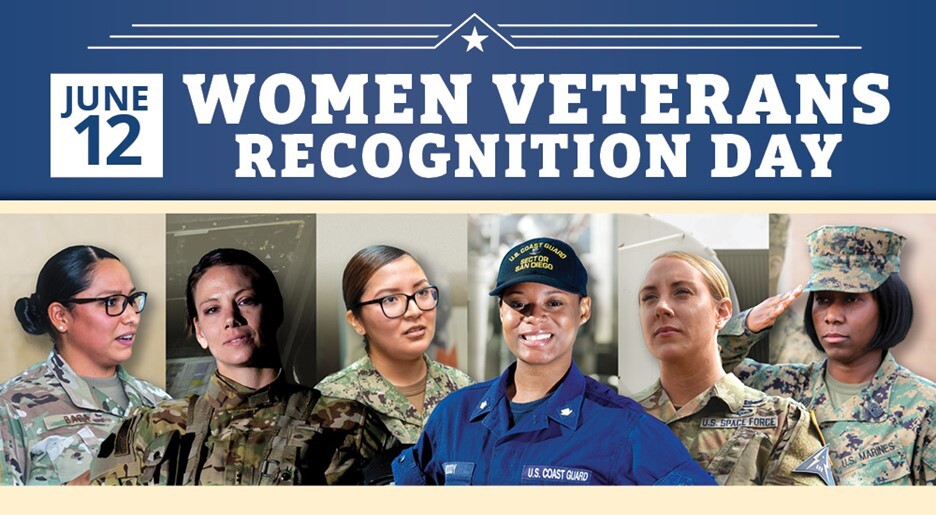 Women Veterans Recognition Day flyer: June 12. A collage of women in military service uniform.