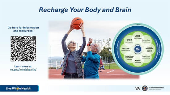 Whole graphic: An elderly couple play basketball with text: Recharge your body and brain. 