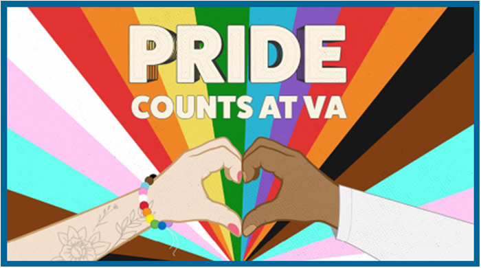 Pride counts at VA. 2 hands form a heart over a rainbow background.