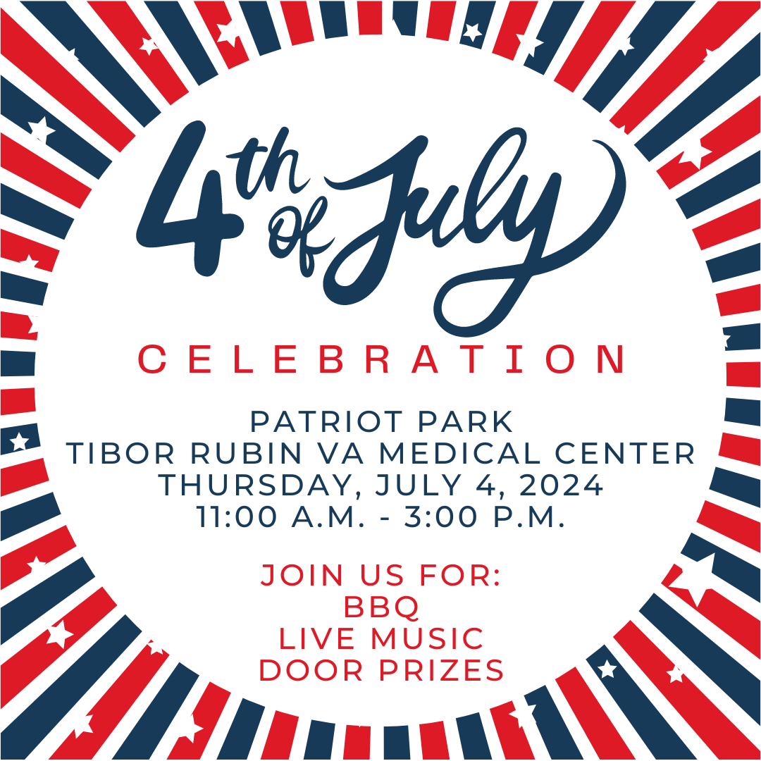 4th of July Celebration graphic with red white and blue stripes and information about the event