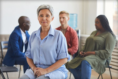 Woman smiling at a therapy session.