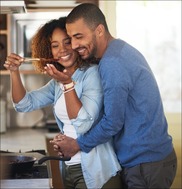 two people hugging and kitchen 