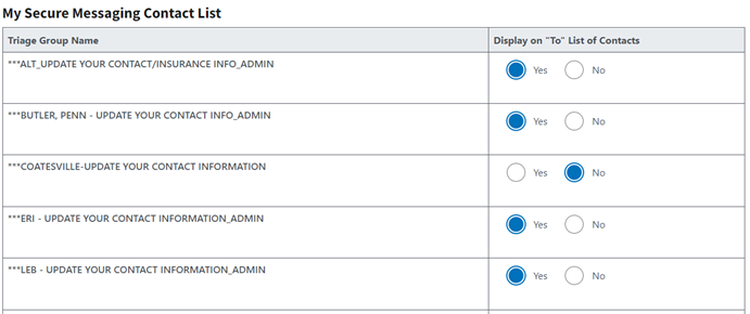 My HealtheVet Secure Messaging contact list