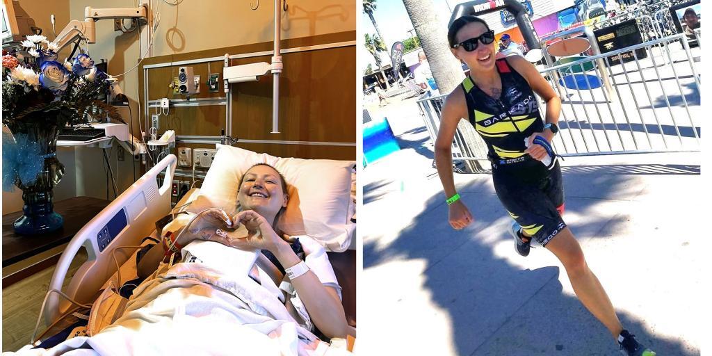 Side-by-side picture of veteran in hospital and in race