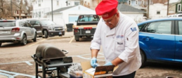 A man wearing a red chef hat and white chef’s coat with the Vet Center logo prepares food next to a grill.