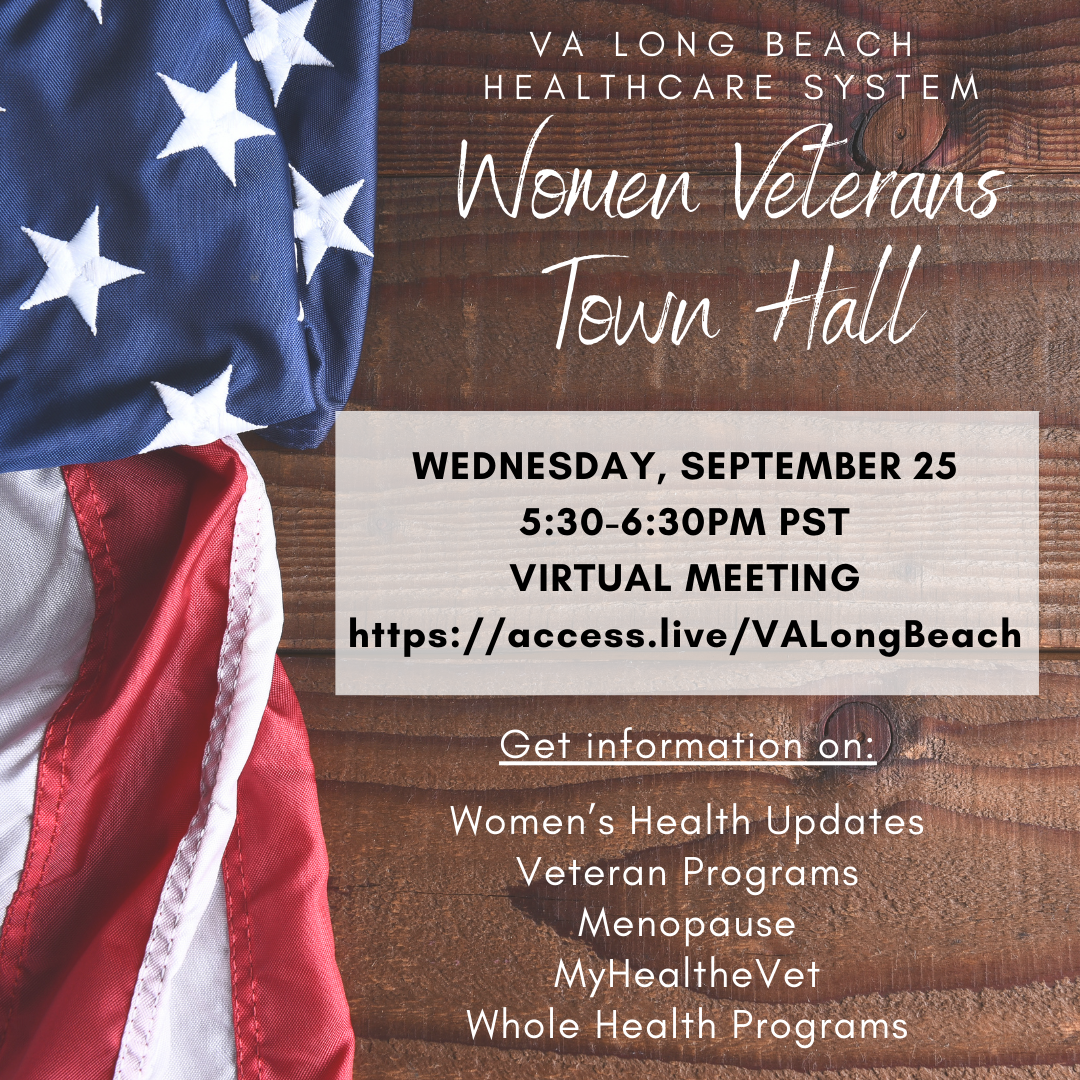 Women Veterans Town Hall info - Flag on wooden background