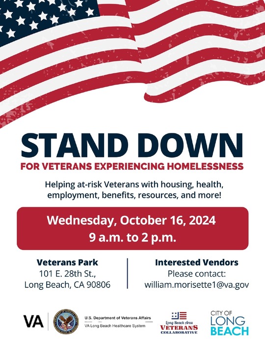American flag waving across top with informational text below about Long Beach Stand Down