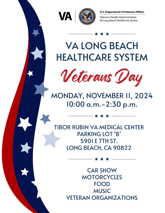 Veterans Day flyer with red, white and blue stars and stripes element on left side of page with information about Veterans Day
