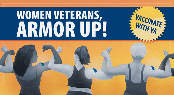 Women Veterans, armor up! Illustrated women flex and link arms to show their vaccine band aids.