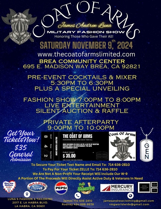 Coat of Arms Fashion Show information on dark blue background