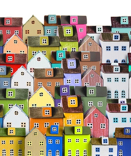 Decorative display of colorful construction paper homes