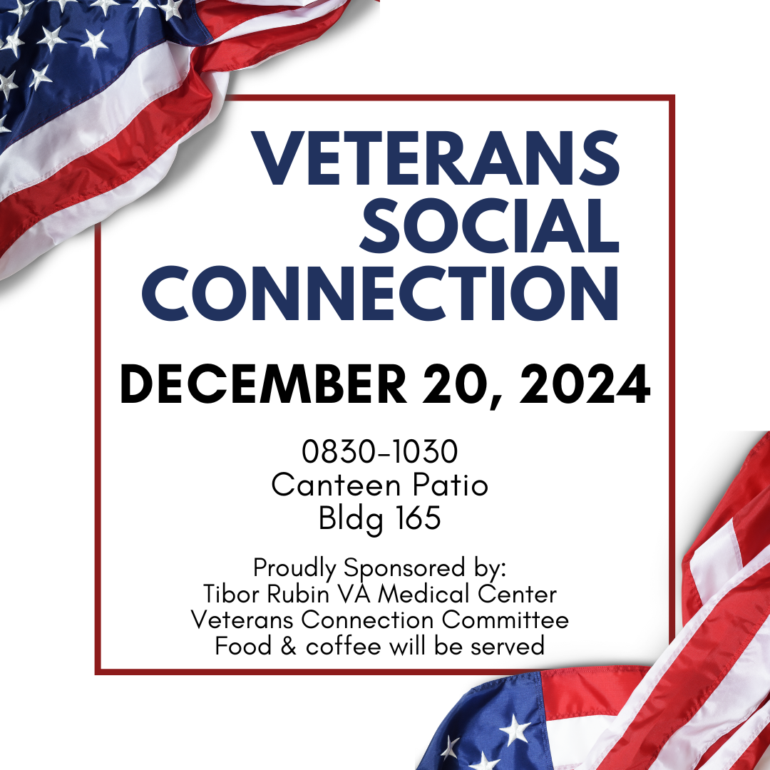 Veterans Social Connection December 20 with American flags in upper left and lower right corners