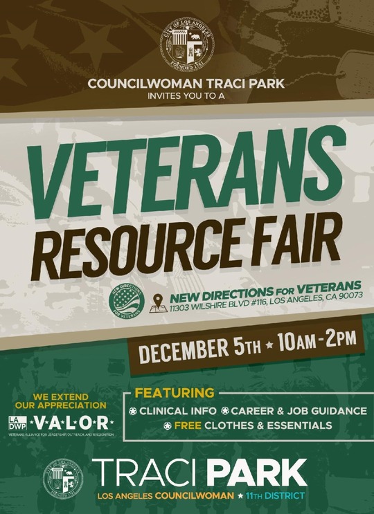 Veterans Resource Fair flyer with muted American flag, dog tags and servicemembers in the background and info about event