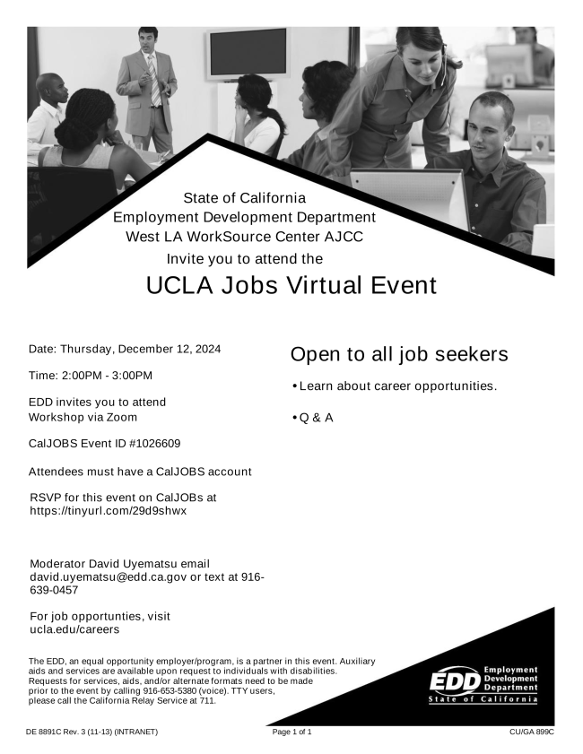 UCLA Jobs Virtual Event flyer with information and people presenting information on the top of the page