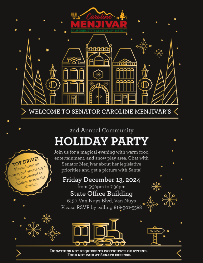 Senator Menjivar's 2nd Annual Holiday Party flyer on black background with gold outline of winter village building