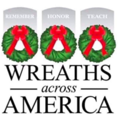 Wreaths Across America flyer with 3 greens wreaths with red bows on them
