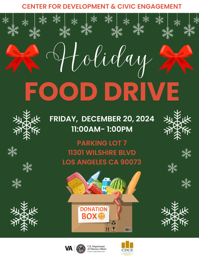 Holiday Food Drive information on green background with white snowflakes, red bows and a "donation box" full of food
