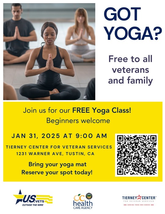Free Yoga for Veterans flyer with three individuals practicing yoga