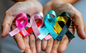 Hand holding different colored awareness ribbons.