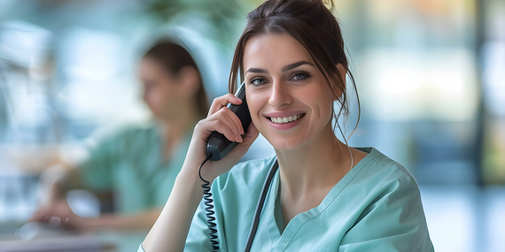 Nurse checking appointments on computer in office.