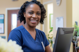 Nurse smiling behind reception desk.