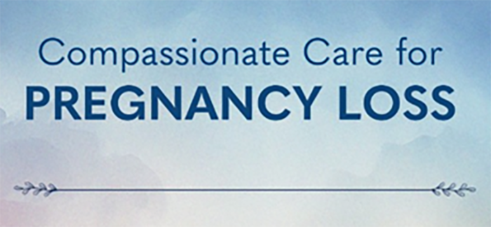 Watercolor style clouds with pinks and blues. Text reads: Compassionate care for pregnancy loss.
