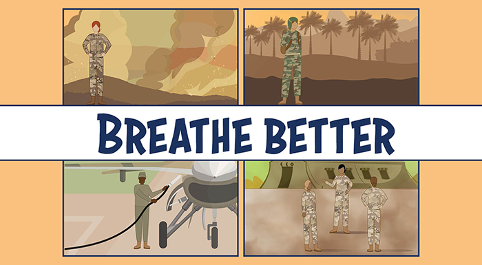 A 4-panel comic depicting women Veterans in military scenarios that would expose them to toxic air.