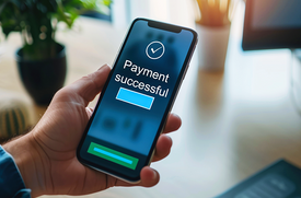 Person holding smartphone with "Payment Successful" screen.