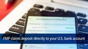 A phone displaying account balance with overlay text: "FMP claims deposit directly into your U.S. bank account."