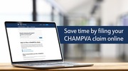A laptop showing VA website with the overlay text: "Save time by submitting your CHAMPVA claim online."