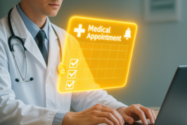 A doctor works on a laptop with medical appointment applications.