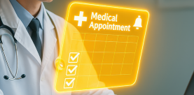 A doctor works on a laptop with medical appointment applications.