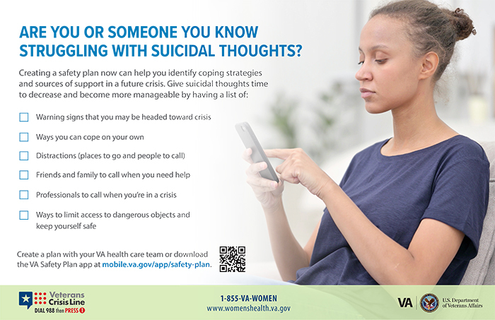 A woman checks her smartphone. Text reads: Are you or someone you know struggling with suicidal thoughts?