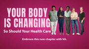 Diverse group of five women standing against a pink background with text about changing bodies and health care.