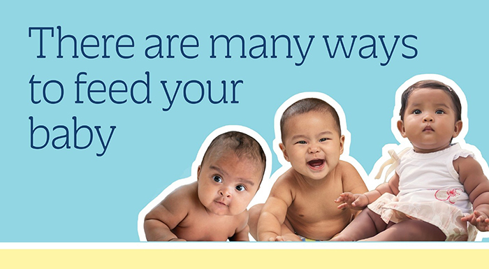 Three happy babies on a light blue background. Text reads: There are many ways to feed your baby.