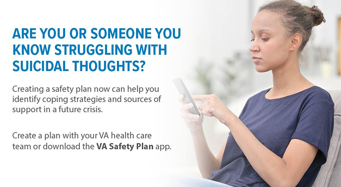 A woman checks her smartphone. Text reads: Are you or someone you know struggling with suicidal thoughts?