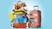 Stack of colorful suitcases with travel gear including a hat, snorkel mask, passport, and skateboard.