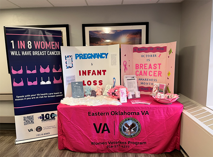 Eastern Oklahoma Women Veterans Program breast cancer awareness display table.