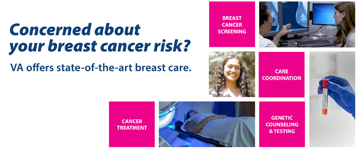 Breast cancer treatment collage. Text reads: Concerned about your breast cancer risk? VA offers state of the art breast care.