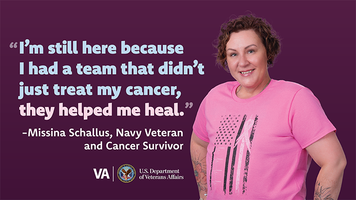 Missina Schallus smiles in a pink breast cancer awareness t-shirt.