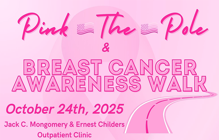 Pink the pole and breast cancer awareness walk graphic. October 24, 2025 at Jack C. Montgomery VA Medical Center.